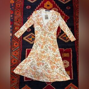 Peruvian Connection Floral Long Sleeve Dress - Cream and Orange